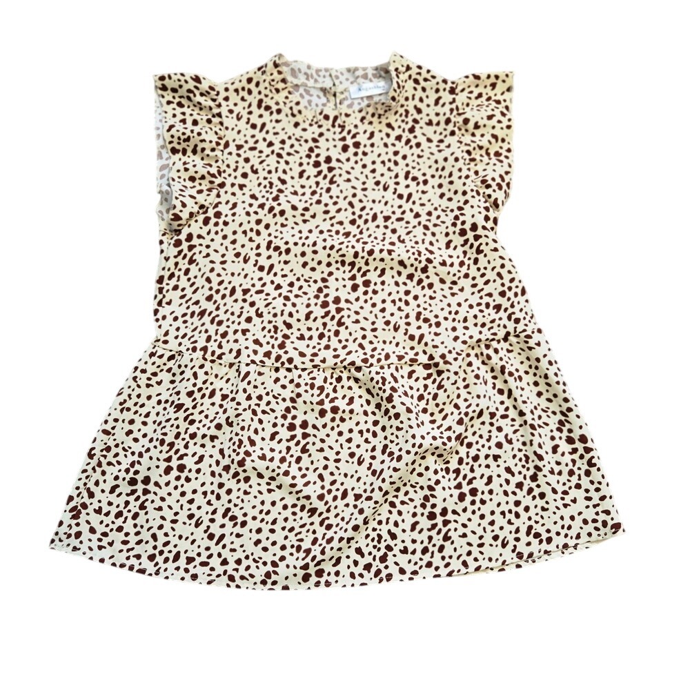 Angashion Women M Dalmatian Print Ruffle Sleeve Mock Neck Blouse Top